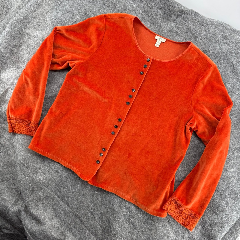 J. Jill Velour Cardigan Womens Large Orange Lace Velvet Trim Button Front Cotton - Picture 3 of 16